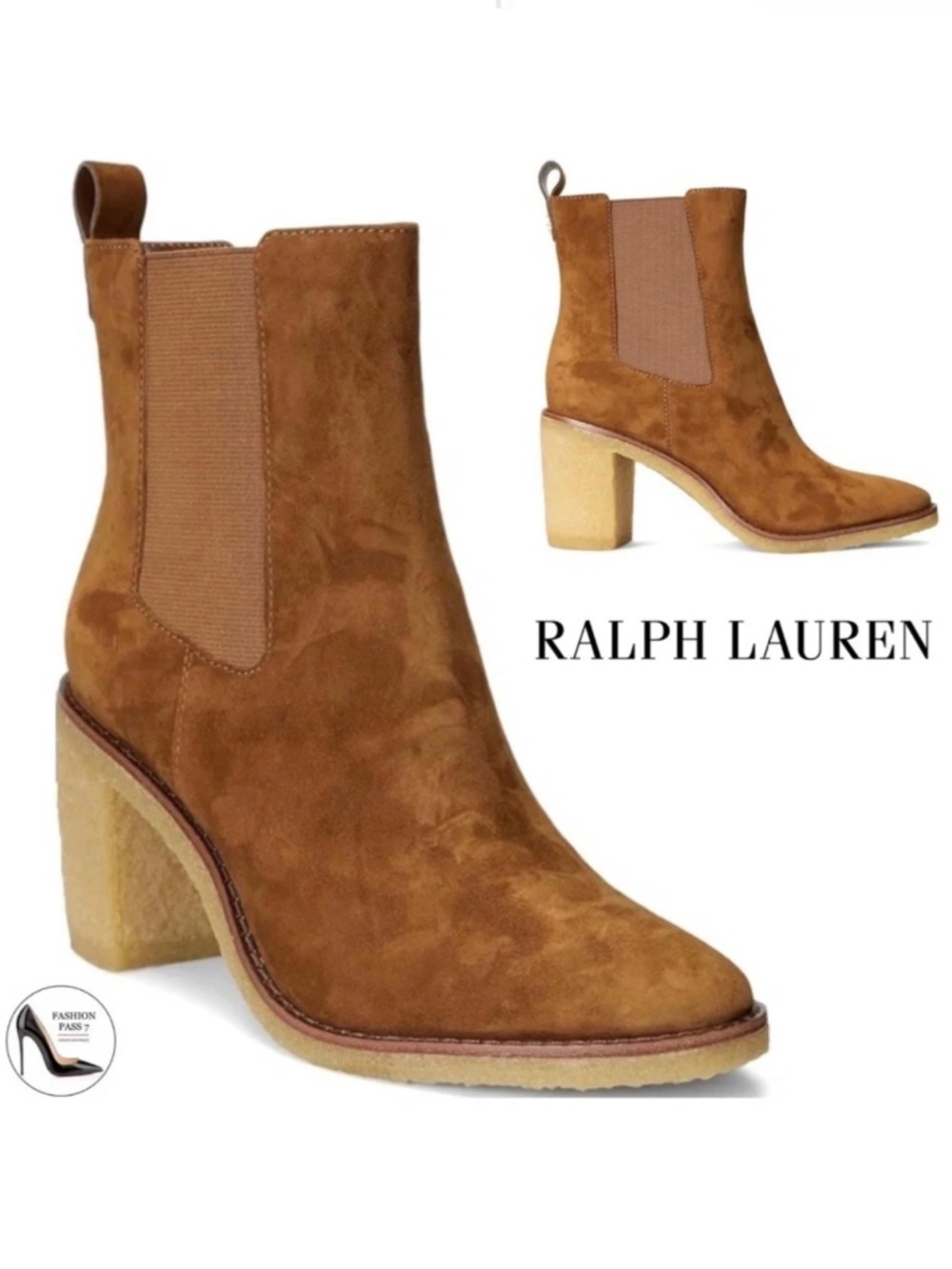 Ralph Lauren Marianna Tan Suede Pull-On Chelsea Booties Block Heel Ankle Boots